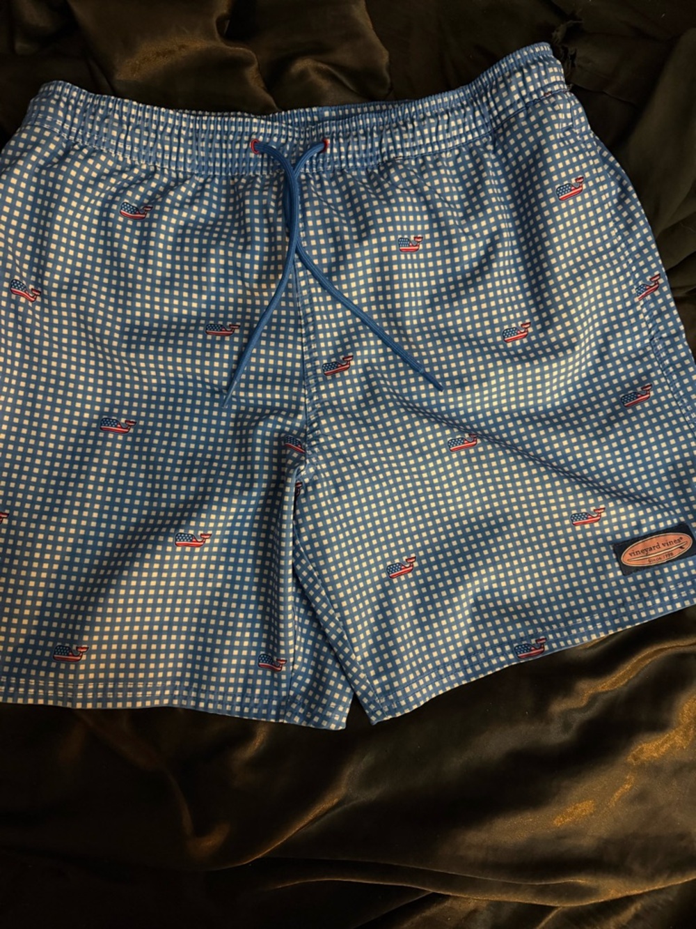 Vineyard Vines Light Blue Checked Swim Trunks with Red Boat Motif